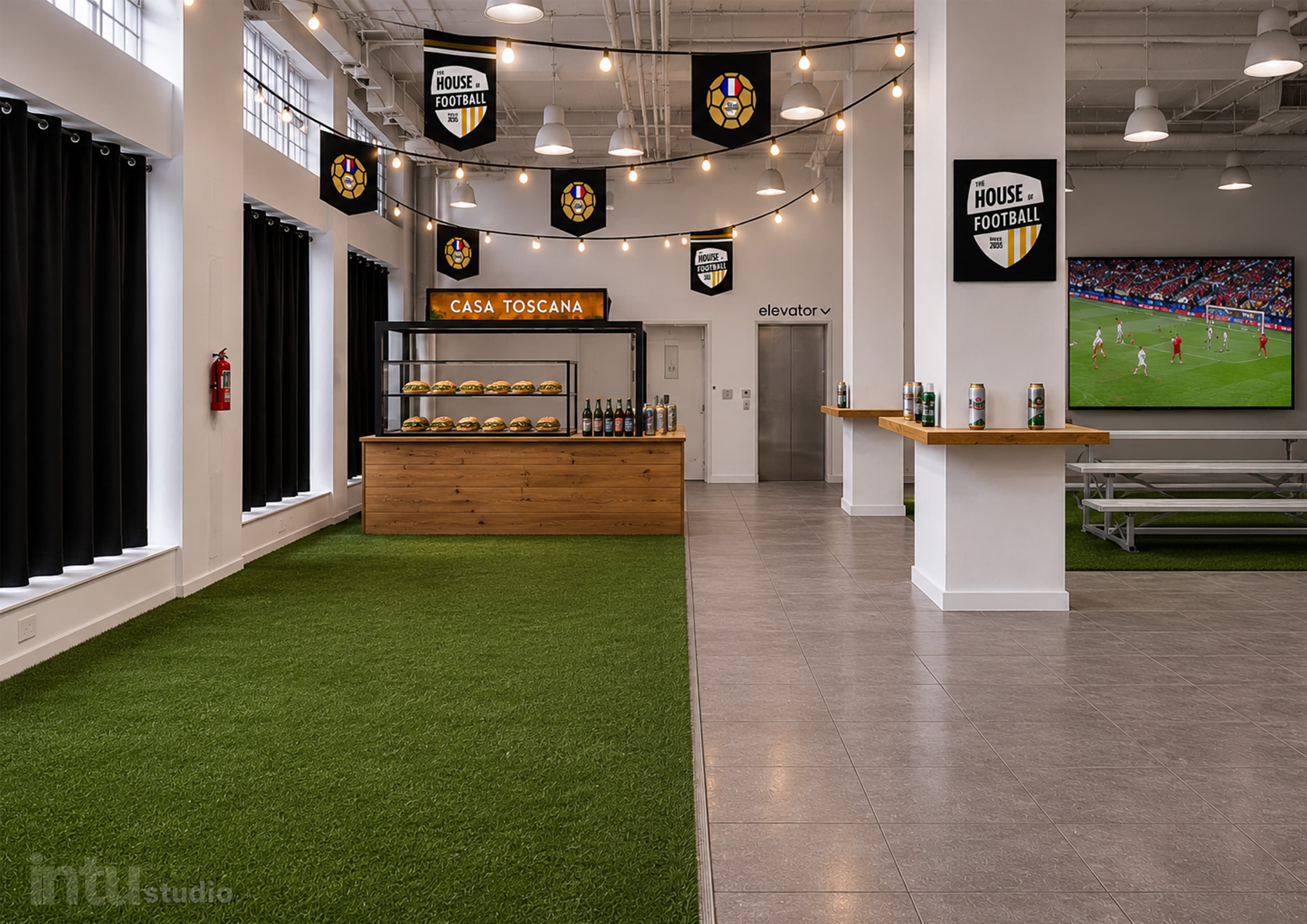 Food and drink area with match on screen and House of Football banners